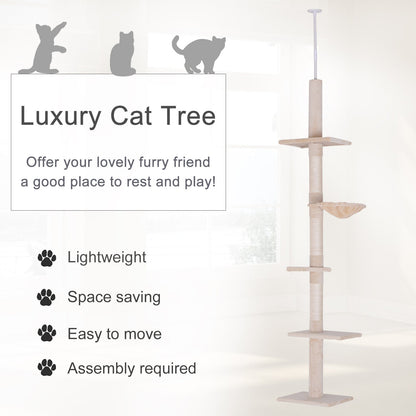 102" Adjustable Height Floor to Ceiling Cat Tree, 5 Level Cat Tower with Scratching Posts, Hammock, Beige