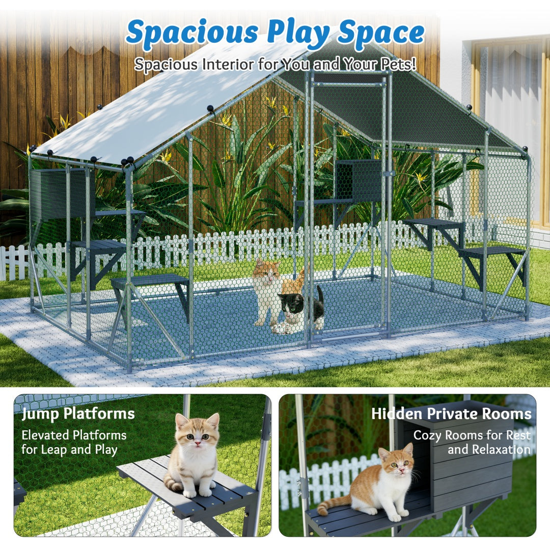 Extra Sturdy 3x2m Outdoor Metal Cat Cage -DIY Solid Wood Platform, Double Safety Lock & Enhanced Stability, Multi-Pet Use, Waterproof Tarp Included