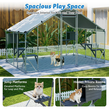 Extra Sturdy 3x2m Outdoor Metal Cat Cage -DIY Solid Wood Platform, Double Safety Lock & Enhanced Stability, Multi-Pet Use, Waterproof Tarp Included