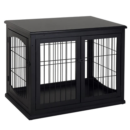 Crate Furniture, 32Small Dog Cage End Table With 2 Doors, Lockable Door, Puppy Kennel Indoor, Black