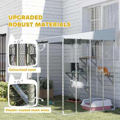 79" Galvanized Steel Large Catio with Waterproof Canopy, Sleeping Box, Jumping Platforms, for 1-3 Kittens, Silver