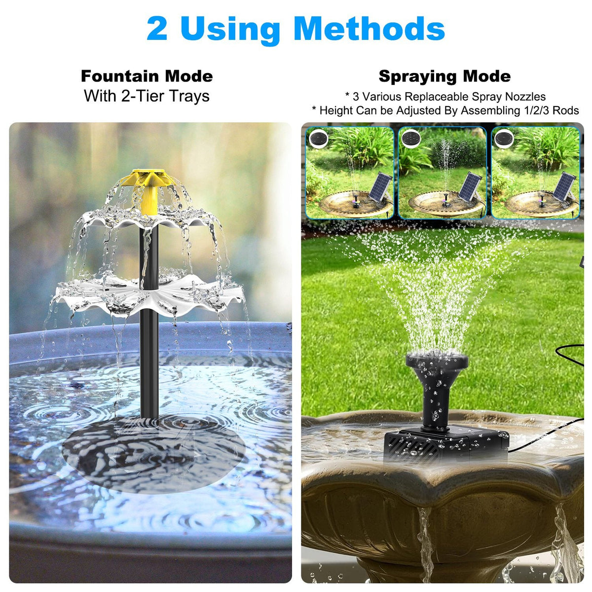 1Pc 3Tier Solar Bird Bath Fountain Solar Powered Water Fountain Waterfall Feature With Colorful Light 3 Nozzles 6W Solar Panel For Bird Bath Patio Yard Pond Garden