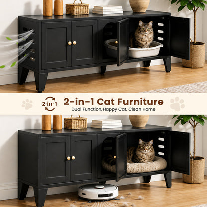 58in Metal Cat Litter Box Enclosure, Hidden Litter Furniture For 2 Cats, Large Indoor Cat House TV Stand Cabinet W Ventilation & 2 Compartments, Black Modern Pet Washroom W Adjustable Legs