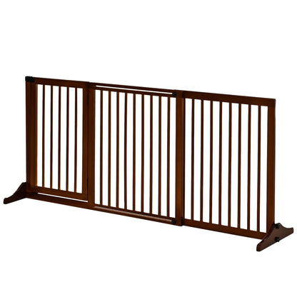 Freestanding Length Adjustable Wooden Pet Gate with Lockable Door 3 Panels, Brown