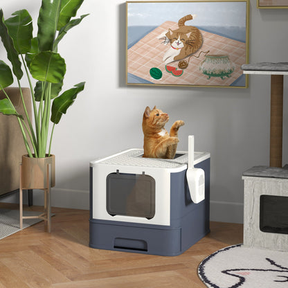 Cat Litter Box with Lid, Scoop, Front Entry, and Top Exit for Large Cats, White
