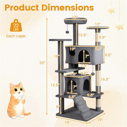 52" Tall Cat Tree Tower With Perches & Condos, Multi-Cat Playground With Scratching Posts (Light Gray)