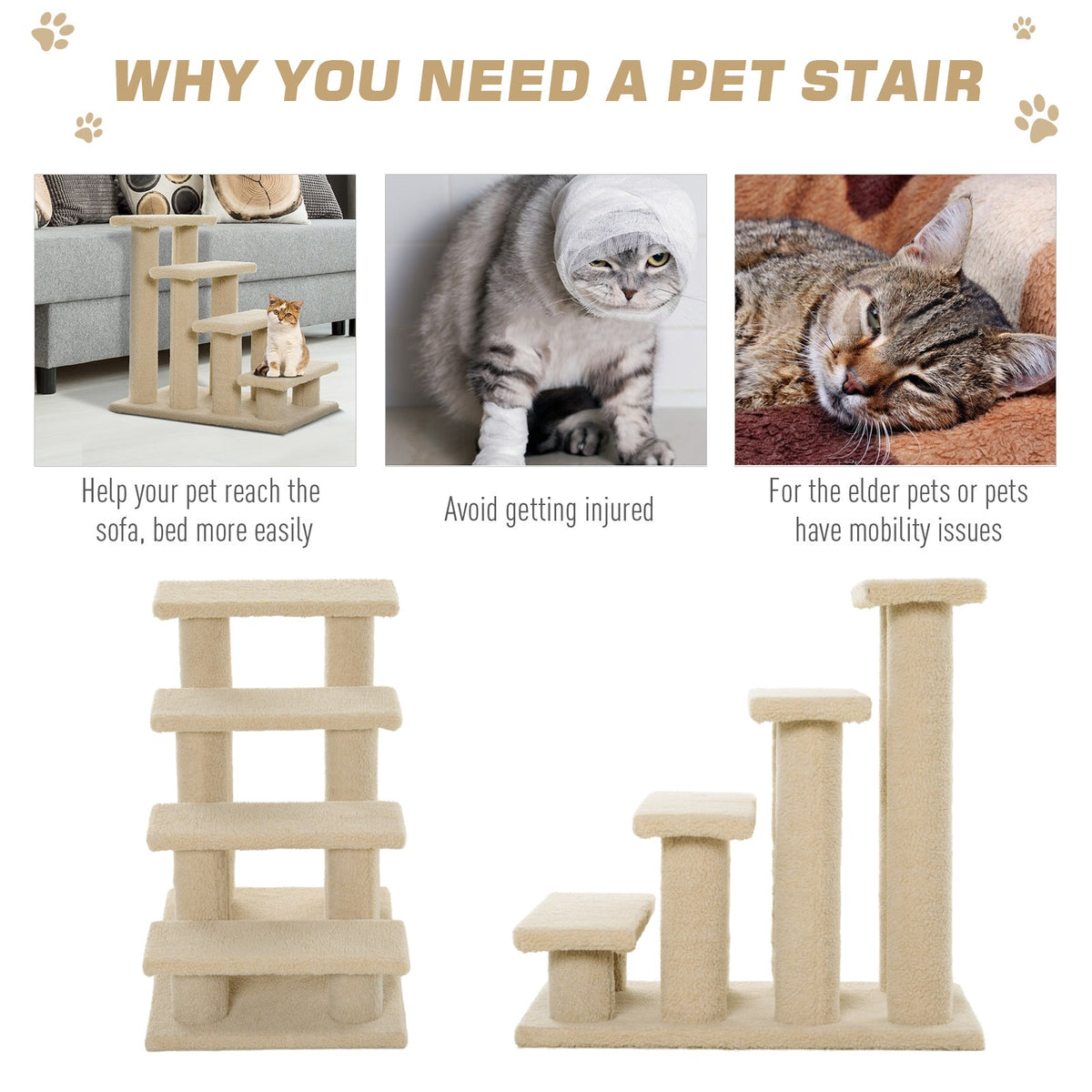 25" 4-Step Multi-Level Carpeted Cat Scratching Post Pet Stairs, Cream White