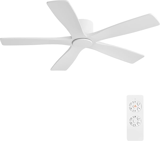 WINGBO 54" Flush Mount DC Ceiling Fans Without Lights, 5 Carved Solid Wood