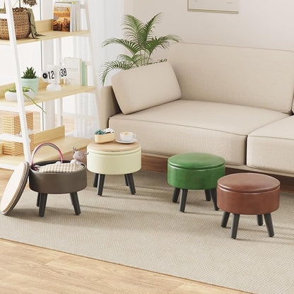 FIMIVIBI Small Foot Stool Ottoman with Storage, Faux Leather Ottoman Foot Rest for Couch, Round Footstool Ottomans for Living Room (Gray)