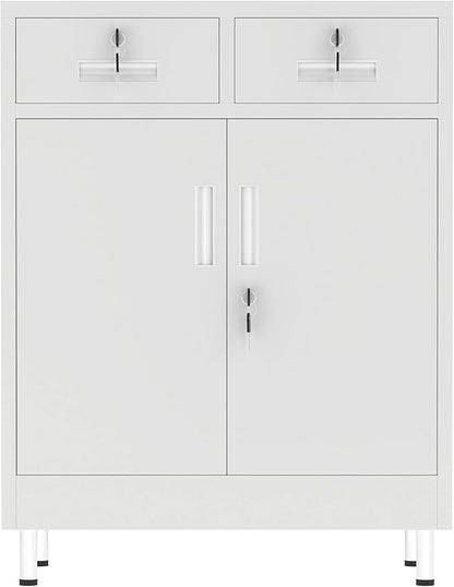 Metal Storage Cabinet with Locking Doors and 2 Drawers, Lockable Storage