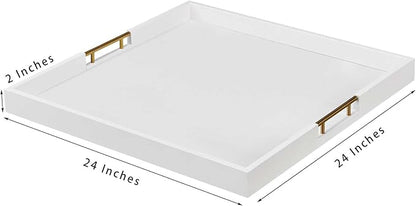 24x24 Inches Extra Large White Faux Leather Wrapped Wood Ottoman Tray with Golden Handles for Serving Food and Breakfast On Bed, Square Coffee Table Organizer, Home Decor and Decorative