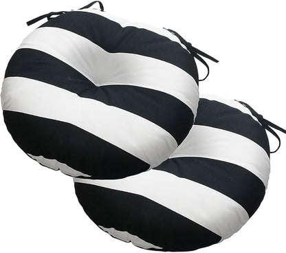 Magpie Fabrics Outdoor Round Bistro Seat Cushions with Ties, 15"x15"x4" Set of 2, Tufted Waterproof Barstool Chair Pads for Patio Home Garden Office, Black White