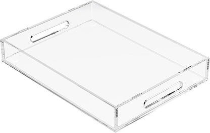 Acrylic Serving Tray with Handles-16x12x2.36Inch-Decorative Tray Letter Tray Organizer for Ottoman Coffee Table Countertop, Clear