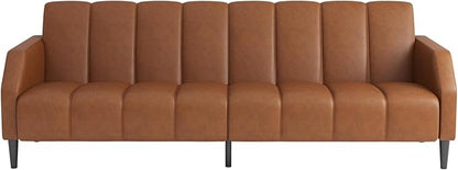 Fadware Faux Leather Couch, Convertible Futon Sofa Bed with Adjustable Backrest, Mid Century Leather Sofa Loveseat with Side Pockets& Metal Leg, Modern Leather Sleeper Sofa for Living Room Bedroom