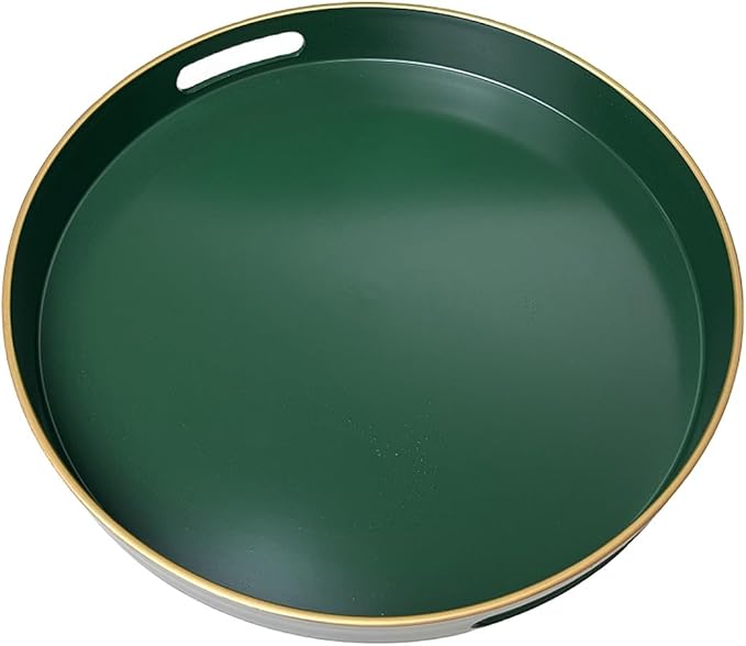 Green Round Serving Tray, Decorative Serving Trays with Handles, Coffee Table Tray Living Room, Plastic Tray for Ottoman.13