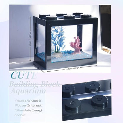 Small Betta Fish Tank, Stackable Mini Fish Tank Aquarium Tank Kit, 3/5 Gallon Rectangular Fish Bowl with Aquarium Gravel Decoration, Tiny Cube Tank for Seaweed Balls Sea Monkeys