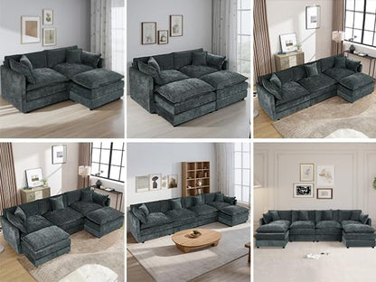 Aoowow Modular Sectional Sofa,147.2 Inch Deep 4-Seater Sofas Comfy Chenille Cloud Sofas and Couches with Pillows for Living Room Apartment（Grey）