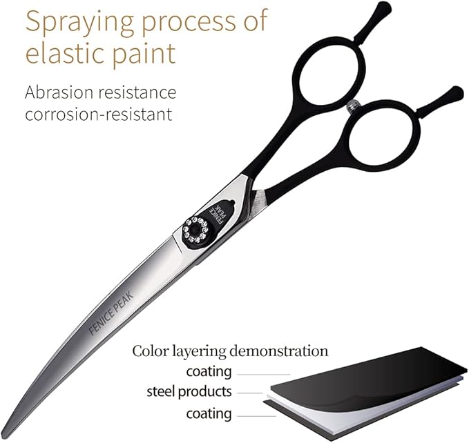 Fenice 8.0 inch Dog Grooming Curved Scissors with Jeweled Screw for Pets Japan 440C Stainless Steel Sharp Blade Light Weight Comfortable for Right Handed Groomers