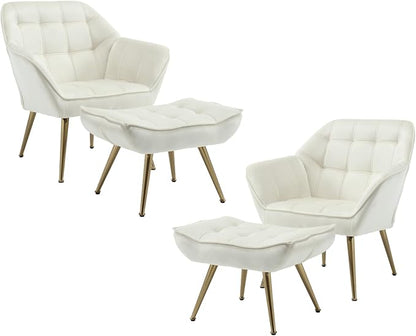 QUINJAY Modern Velvet Accent Chair with Ottoman Set of 2, Upholstered Lounge Chair with Footrest, Comfy Living Room Chair with Gold Legs Accent Side Chair Armchair for Small Space Bedroom, Beige