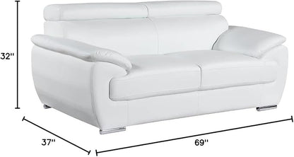 Blackjack Furniture 4571 Veal Collection Modern Genuine Leather Loveseat with Adjustable Headrest, Sturdy Wood Frame and Stainless Steel Legs, Stylish Living Room Love Seat, White
