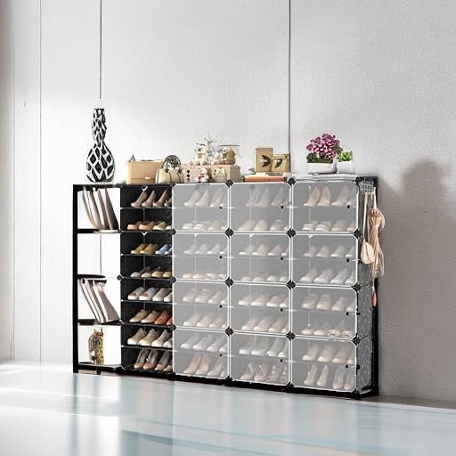 Portable Shoe Rack with Door, 64 Pairs Cabinet Easy Assembly, Plastic