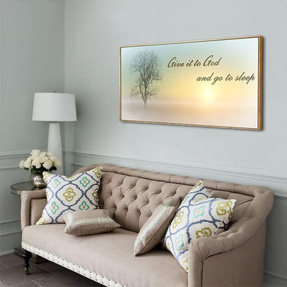 Lasdel Natural Extra Framed Canvas Wall Art of Misty Sunset & Tree Plant Picture For Bedroom Home Above Bed,White Country Wood Sign For Bathroom,Give It To God & Go to Sleep Artwork Decor,30x60