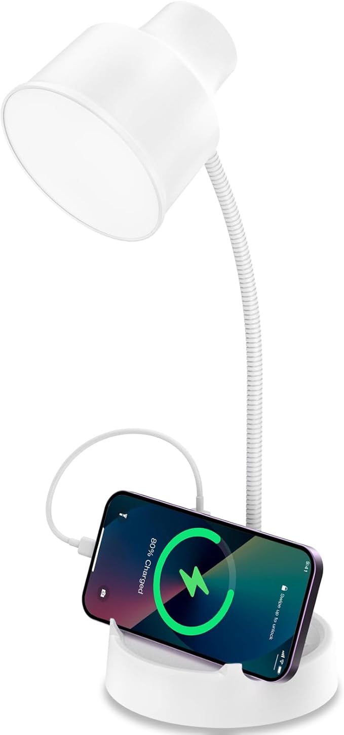 Energetic LED Desk Lamp with Phone Holder, Table Lamp with AC Outlet, Adjustable Flexible Gooseneck, 4000K, Eye-Care Reading Light for Bedroom, Study, Computer Desk, Living Room, Home Office, White