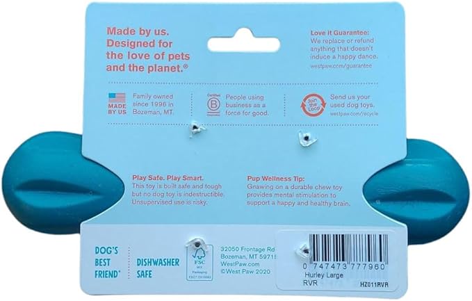 WEST PAW Hurley Dog Bone Chew Toy for Tough Chewers- Safe and Durable Fetch and Chew Toy for Dogs- Dishwasher Safe, Lightweight, Floatable, Made in USA - for Small Dogs - River Blue, Large
