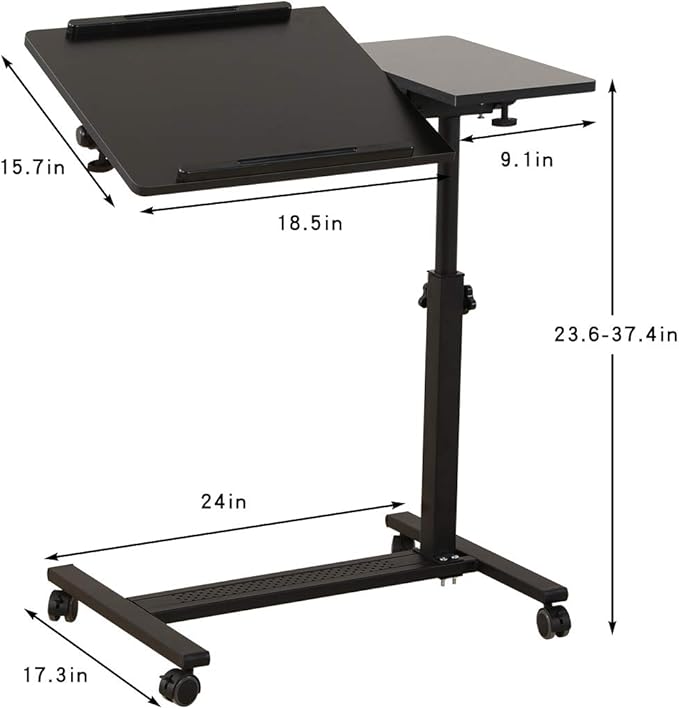 TigerDad Over Bed Table with Wheels Adjustable | Rolling Laptop Table Overbed Desk Hospital Tray Table Sofa Chair Side Table (Black)