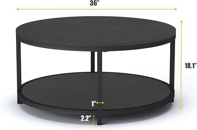 NSdirect Round Coffee Table, 36" Rustic Wooden Surface Top & Sturdy Metal Legs Industrial Sofa Table for Living Room Modern Design Home Furniture with Storage Open Shelf (Black Oak)
