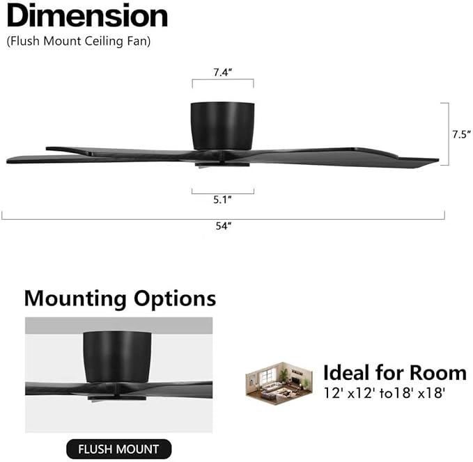 WINGBO 54" Flush Mount DC Ceiling Fans Without Lights, 5 Carved Solid Wood