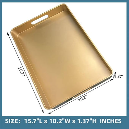 Gold Decorative Tray, Serving Tray with Handles, Plastic Rectangular Tray for Ottoman Coffee Table, Bathroom, Living Room. 15.7"*10.2"