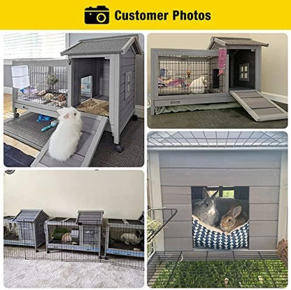 Aivituvin Wooden Rabbit Hutch with Removable Wire Floor Grid, Bunny Cage with Deeper Leakproof Tray 4 Wheels Include