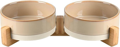 SPUNKYJUNKY Ceramic Dog and Cat Bowl Set with Wooden Stand, Modern Cute Weighted Food Water Bowl Set for Small Size Dogs (1.7 Cups, 2 × Pattern Brown)