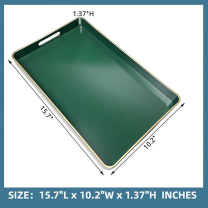 Rectangular Decorative Tray, Plastic Serving Trays with Handles, Coffee Table Tray for Ottoman, Living Room, Kitchen, Home Decor 15.7” x 10.2” x1.37”(Green)