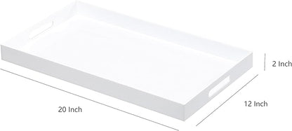 Glossy White Sturdy Acrylic Serving Tray with Handles-12x20Inch-Serving Coffee,Appetizer,Breakfast,Butler-Kitchen Countertop Tray-Makeup Drawer Organizer-Vanity Table,Ottoman Tray-Decorative