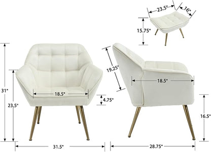 QUINJAY Modern Velvet Accent Chair with Ottoman Set of 2, Upholstered Lounge Chair with Footrest, Comfy Living Room Chair with Gold Legs Accent Side Chair Armchair for Small Space Bedroom, Beige