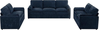 3 Pieces Chenille Sofa Set w/Arm Pillows, Upholstered 2 Pieces Loveseat & 3 Seater Sofa w/Comfortable Back Cushions, Modern 2-Seat & 3-Seat w/High-Density Foam for Living Room, Blue