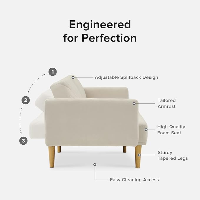 mopio 76.4" Futon Sofa Bed, Couch, Loveseat, Sleeper Sofa, Mid Century Modern Futon Couch, Sofa Cama, Couches for Living Room (Snow Velvet)