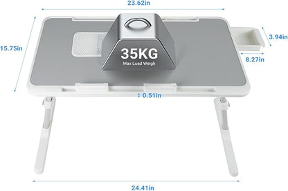 iXTRA Laptop Lap Desk with Cooling Fan - Adjustable with Light, USB, Storage Drawer - Folding Bed Desk,23.62"*15.74",Grey