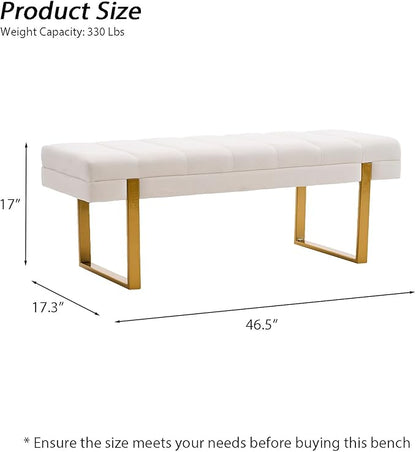 AIITTCC Velvet Ottoman Bedroom Bench, 46.5" Tufted Padded End of Bed Bench with Gold Legs, Upholstered Shoe Bench for Living Room Entryway Window (Ivory White, 46" Wide)