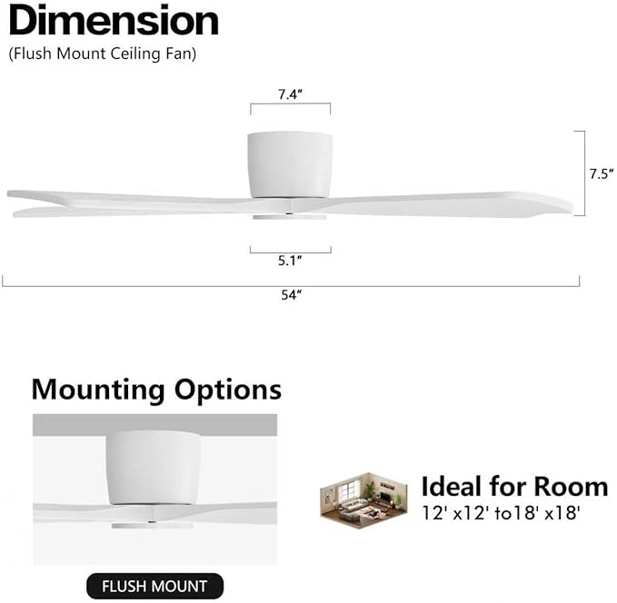WINGBO 54" Flush Mount DC Ceiling Fans Without Lights, 5 Carved Solid Wood