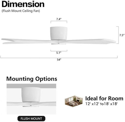 WINGBO 54" Flush Mount DC Ceiling Fans Without Lights, 5 Carved Solid Wood