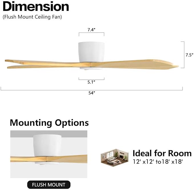 WINGBO 54" Flush Mount DC Ceiling Fans Without Lights, 5 Carved Solid Wood