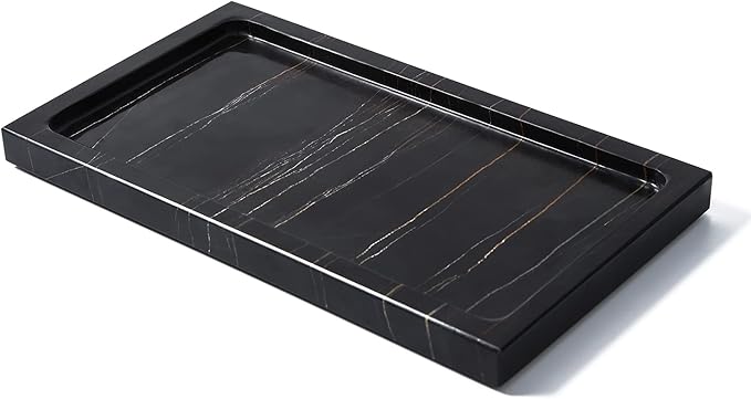 Natural Real Marble Bathroom Vanity Tray Countertop 9'' Makeup Organizer for Dresser, Guest Towel Holder Tray Napkin Holder for Bathroom (Black)