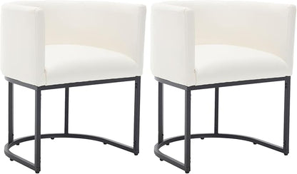 VESCASA Faux Leather Upholstered Dining Chairs with Barrel Back, Modern Padded Restaurant Chairs with Black Metal Frame for Kitchen, Dining Room, Set of 2, White