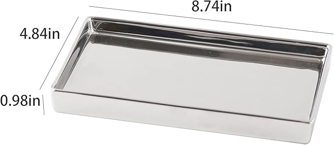 Jewelry Holder Ceramic Trinket Tray Rectangte Vanity Makeup Mirror Tray Silvery Small