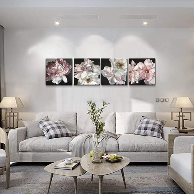 Yxbhhym Floral Canvas Wall Art White Flowers Wall Picturs Prints Pink Florals Artwork for Wall Décor Painting Poster for Bathroom Art Living Room Decor-Framed Wall Art -12x12inches x 4 pcs