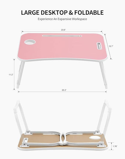 ZEAPTAC Laptop Bed Desk, Foldable Lap Desk, Portable Lap Table, Laptop Stand with Cup Holder & Tablet Slot & Lifting Handle for Working Writing Drawing & Eating - Pink