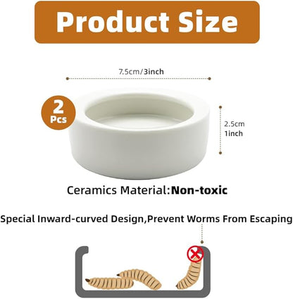 Escape-Proof Reptile Food Dish Bowl, Ceramic Reptile Feeding Dish & Small Animal Bowl for Lizard, Leopard Gecko, Hermit Crab, Hamster, Anti Escape Live Food & Water Dish (3x1in) 2PCS